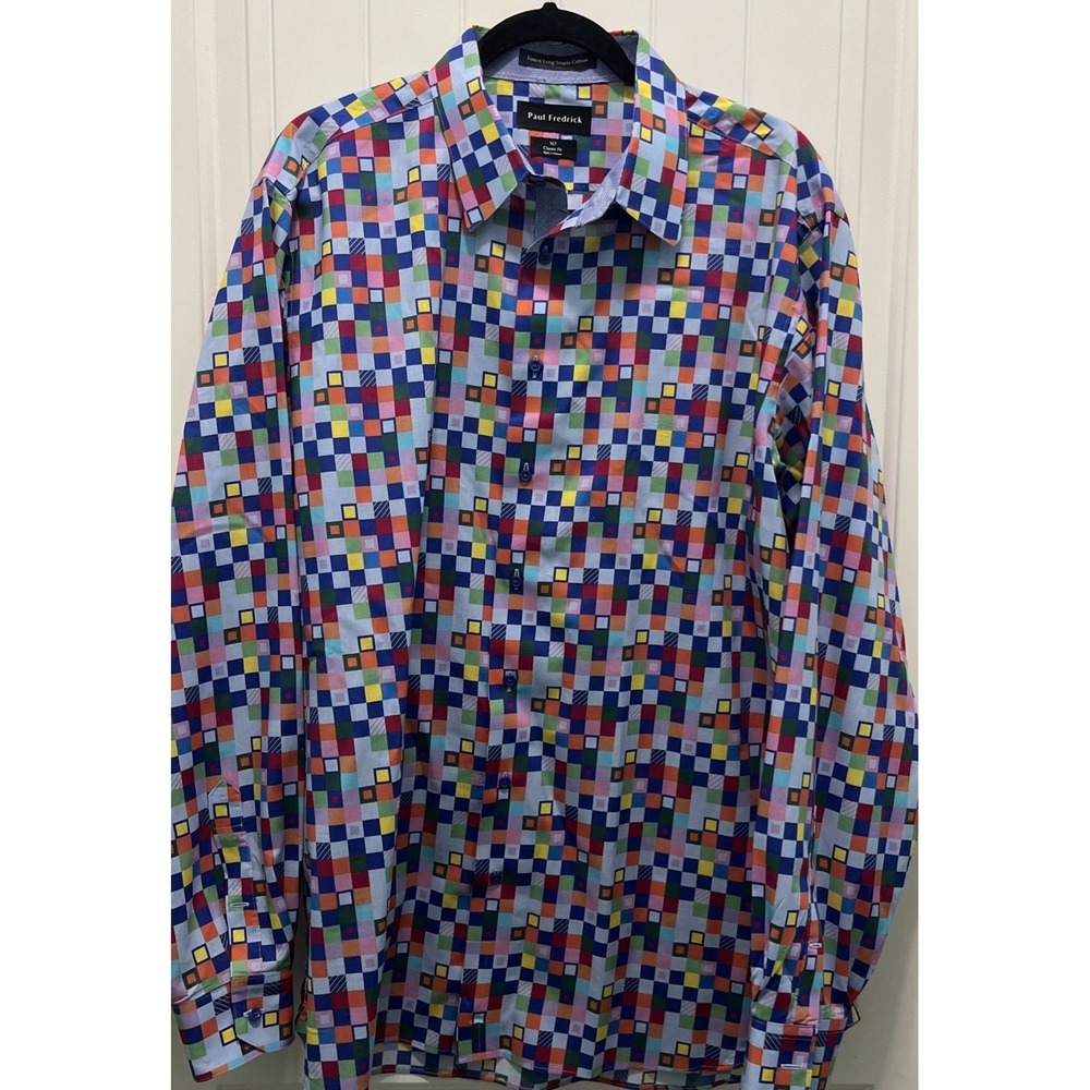 Paul Fredrick Dress Shirt Mens Blue Geometric Classic Fit‎ XLT Modern Statement